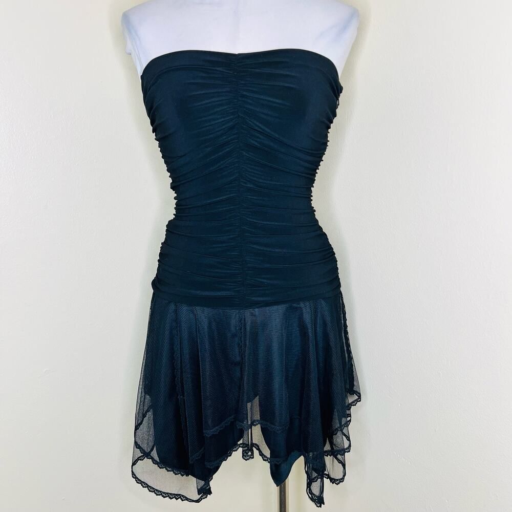 Vintage 90s Jessica McClintock Gunne Sax Dress 5/6 Black Tulle Strapless Ruc…
